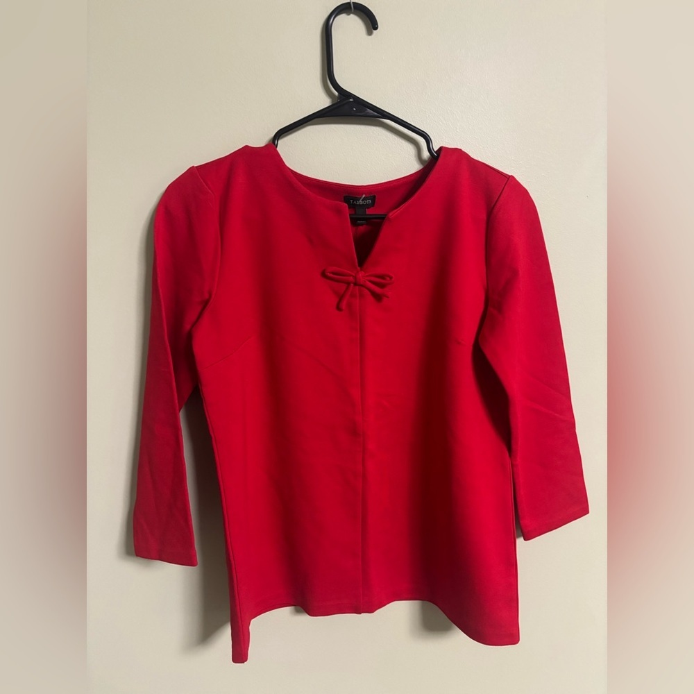 Talbots Split Neck 3/4 Sleeve Top Size XS Red Bow Ponte Knit Valentines New